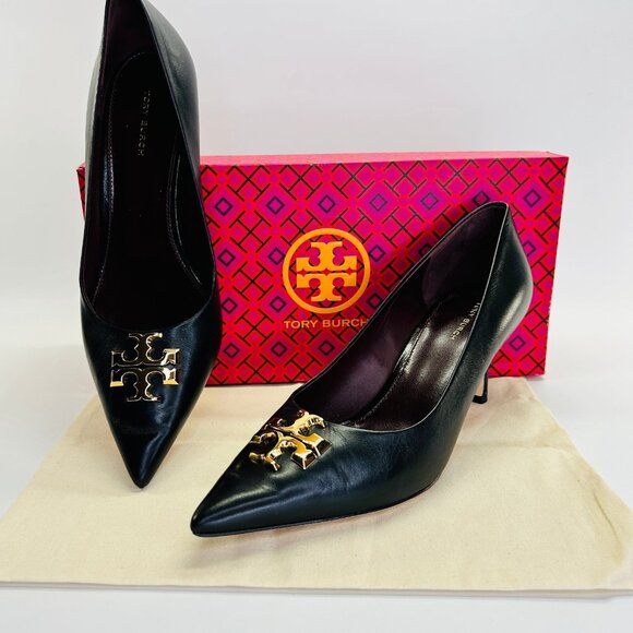 Tory Burch Eleanor Pointed Toe Leather Pump Size 8 Black Kitten Heel Classic - Picture 1 of 16